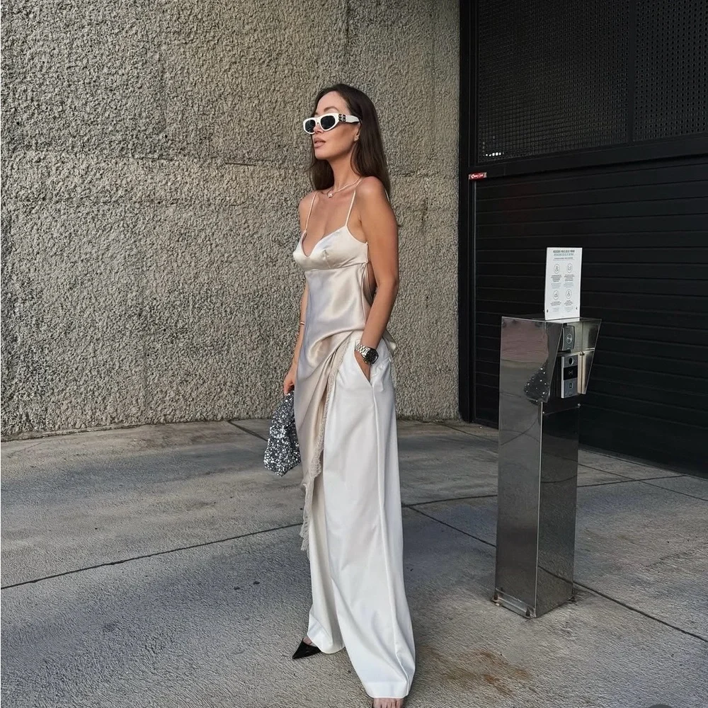 Zara Satin Lace Trimmed Slip Dress in Champagne and Ivory - Picture 2 of 10
